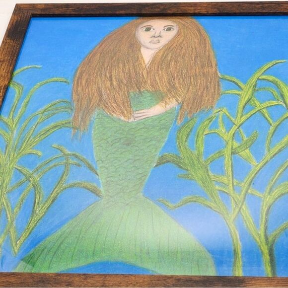 Hand Crafted Mermaid Colored Pencil Drawing Framed 9x11" - Picture 2 of 9